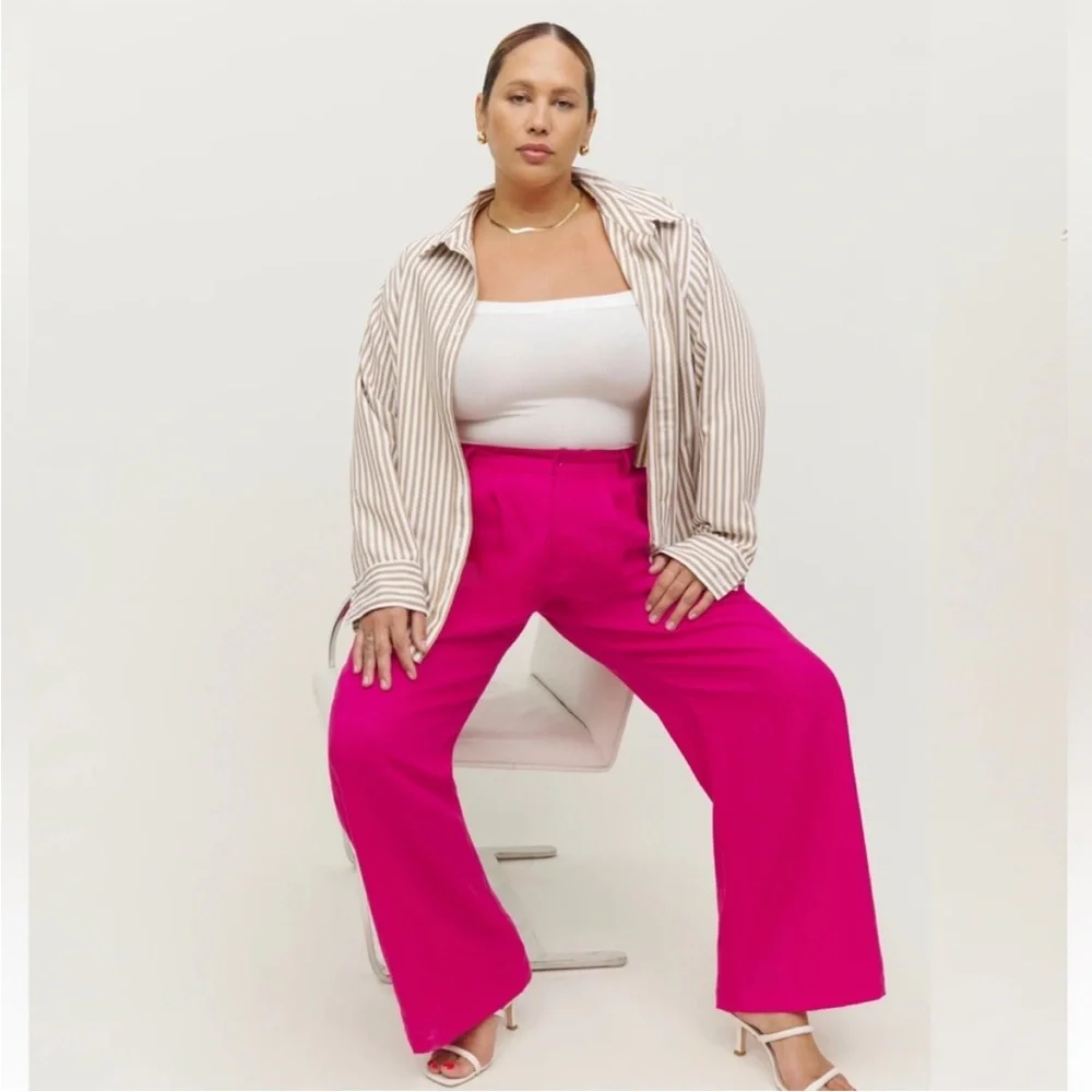 NWOT Reformation Vesta Pants Hot Pink High Waist Wide Leg Work Pants Linen Sz 18